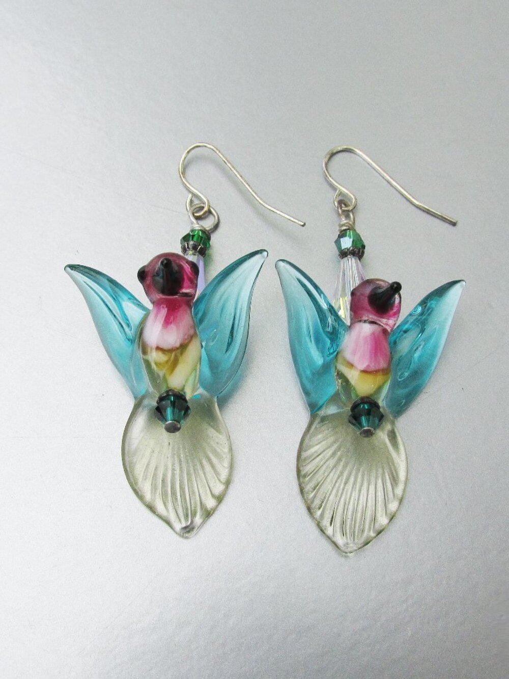 Handmade Glass Crystal Blue & Yellow HUMMINGBIRD Sterling Silver Dangle Earrings